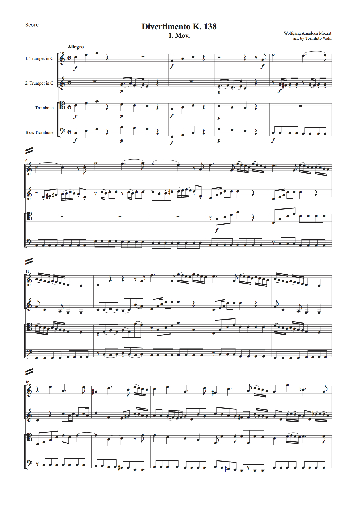 ディヴェルティメント K. 138より 第1楽章 (モーツァルト) 金管四重奏 